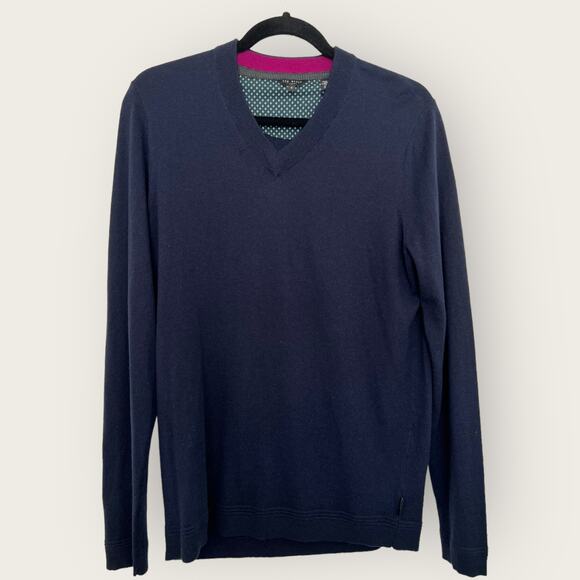 Ted Baker London Wool Sweater | Size 3 Medium | Blue V-neck Pullover Minimalist - Picture 1 of 8